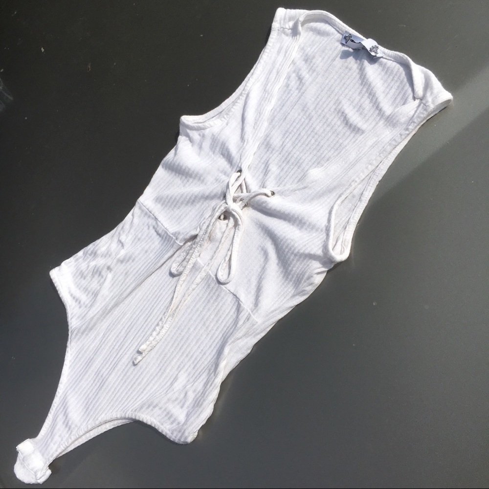 white plunge lace up bodysuit